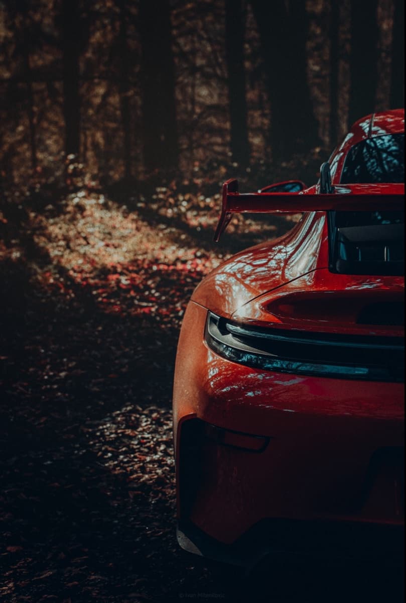 The rear wing of a red Porsche 911 GT3 in an autumn forest.